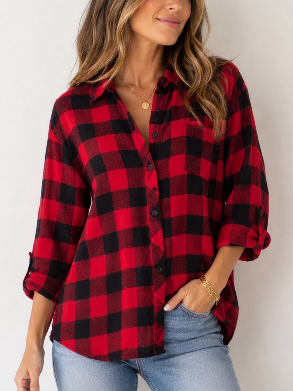 Melloday Red & Black Buffalo Plaid Button-Up Shirt Casual Rustic cabin Fall SZ M